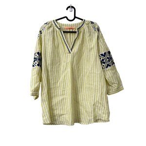 Vilagallo Chartreuse Navy Embroidered Striped Linen Peasant Blouse Womens Large